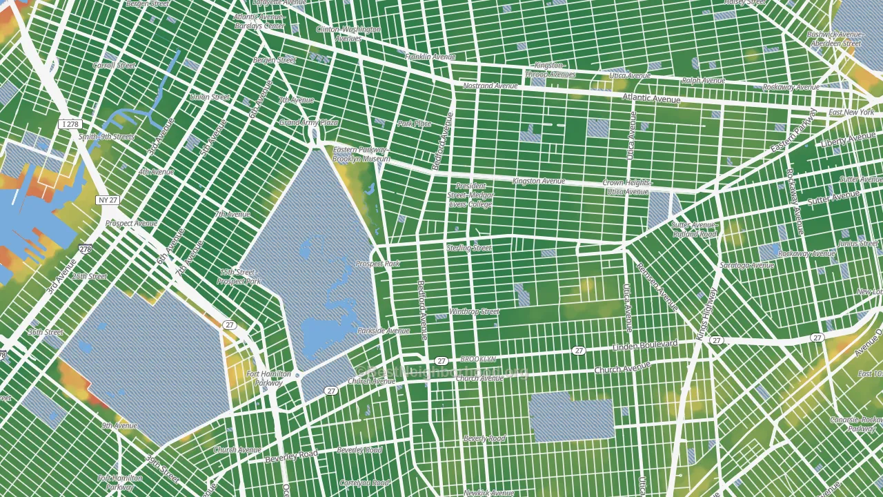 Walk Grade map of 11225, NY, walkable areas in green and car-dependent areas in red