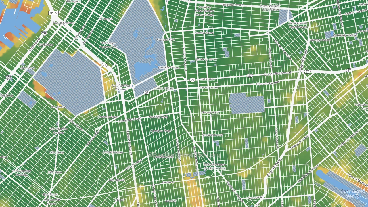 Walk Grade map of 11226, NY, walkable areas in green and car-dependent areas in red