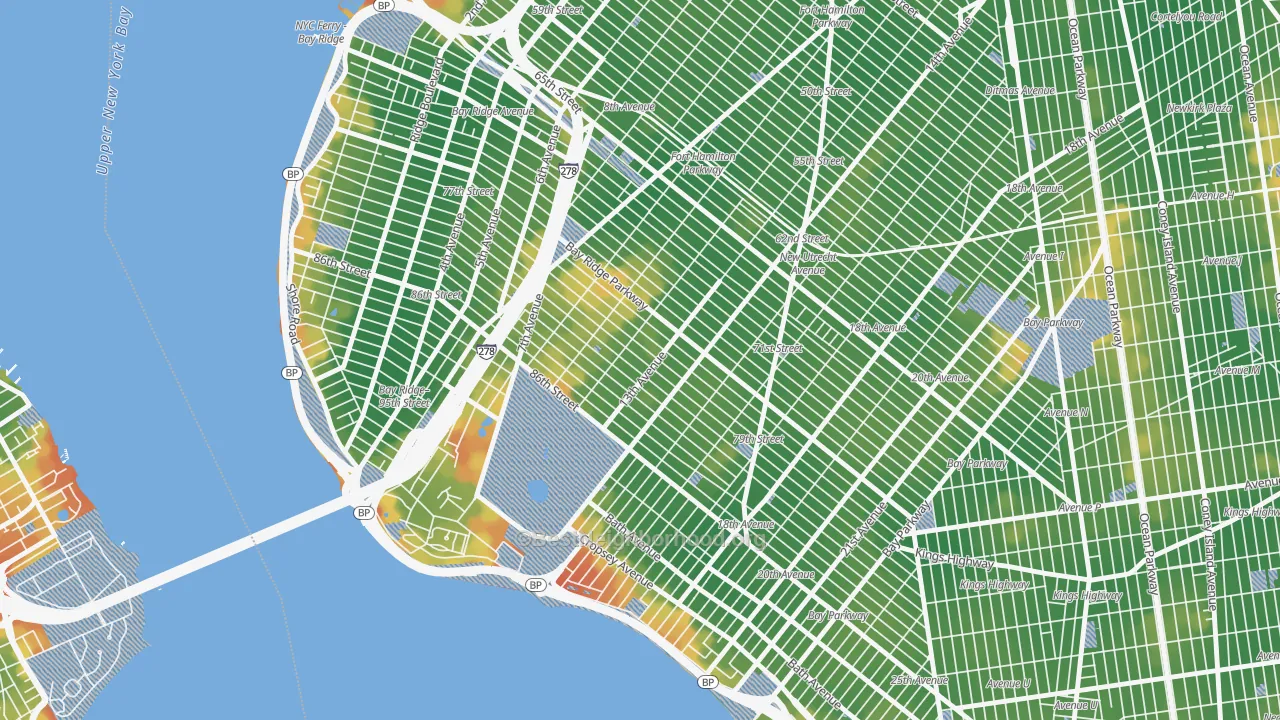 Walk Grade map of 11228, NY, walkable areas in green and car-dependent areas in red