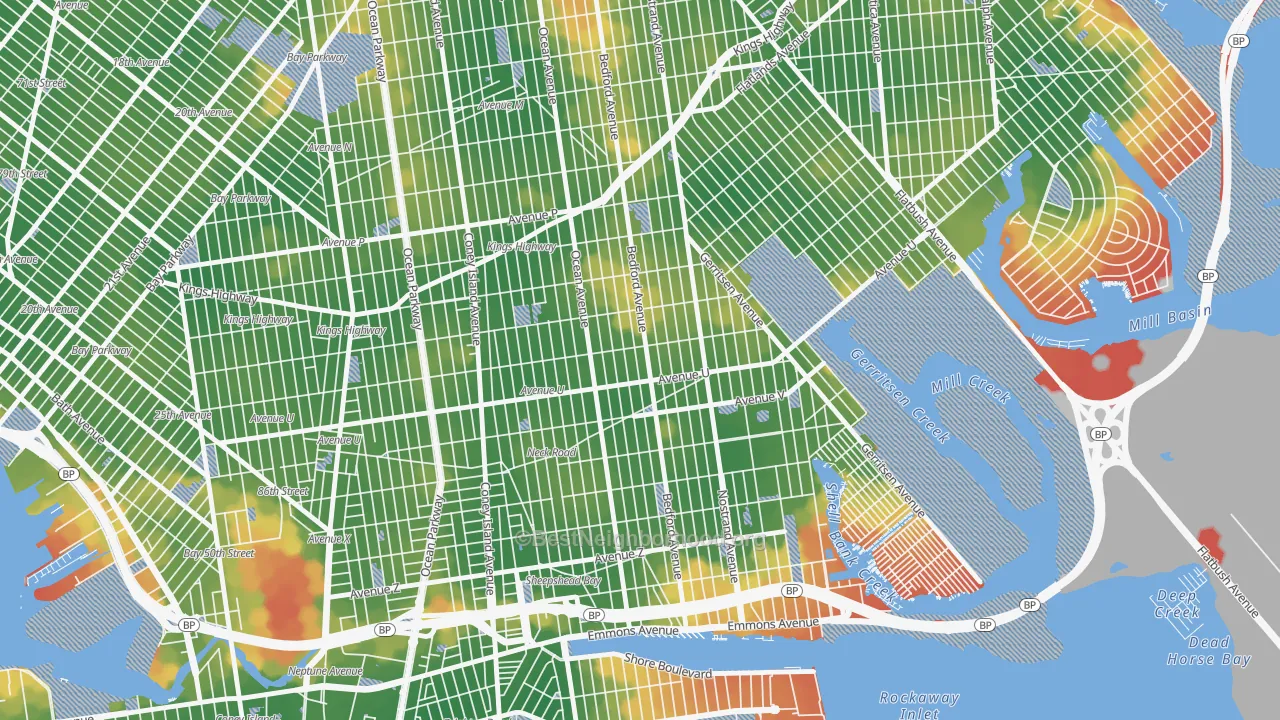 Walk Grade map of 11229, NY, walkable areas in green and car-dependent areas in red