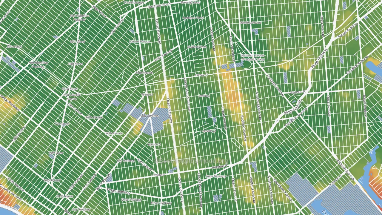 Walk Grade map of 11230, NY, walkable areas in green and car-dependent areas in red
