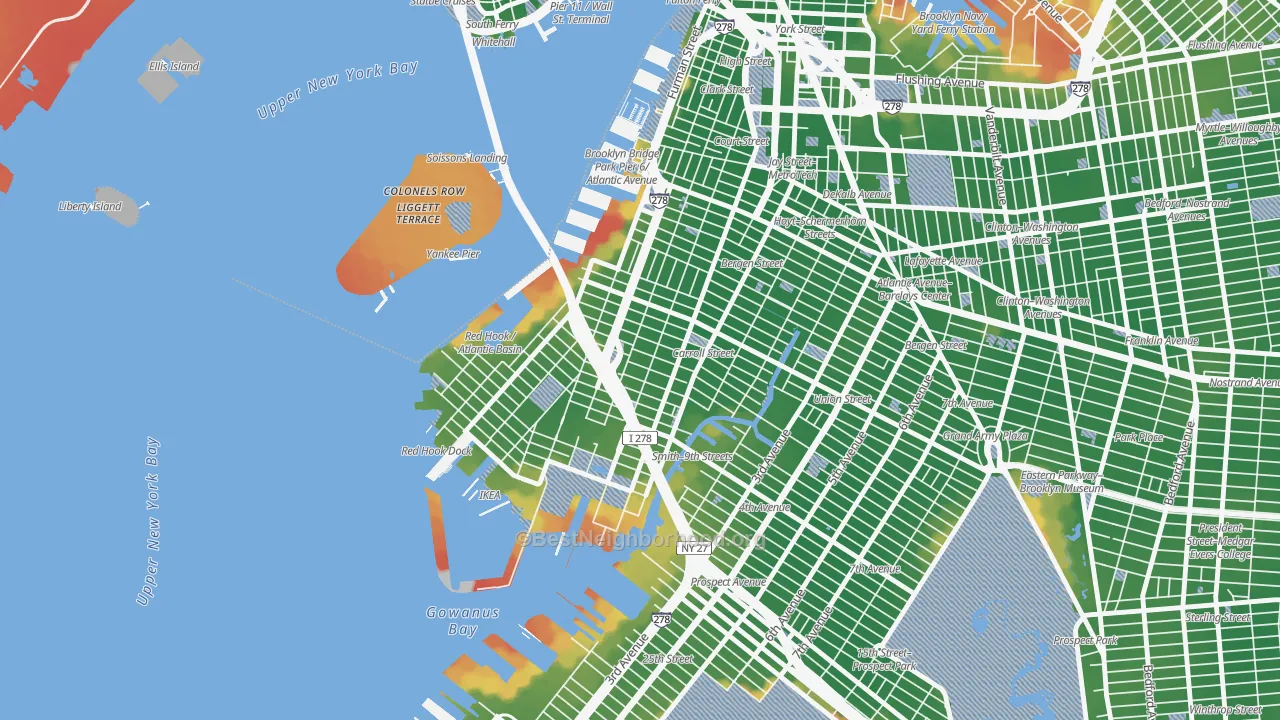Walk Grade map of 11231, NY, walkable areas in green and car-dependent areas in red