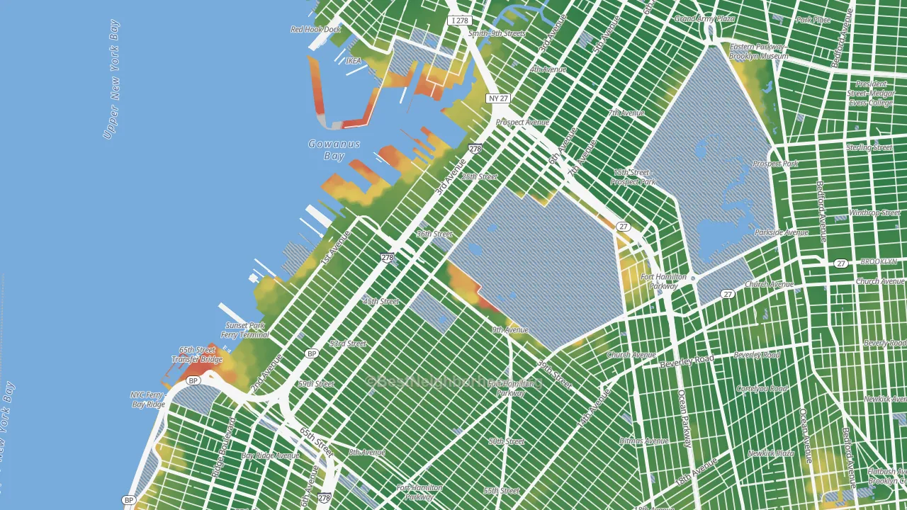 Walk Grade map of 11232, NY, walkable areas in green and car-dependent areas in red