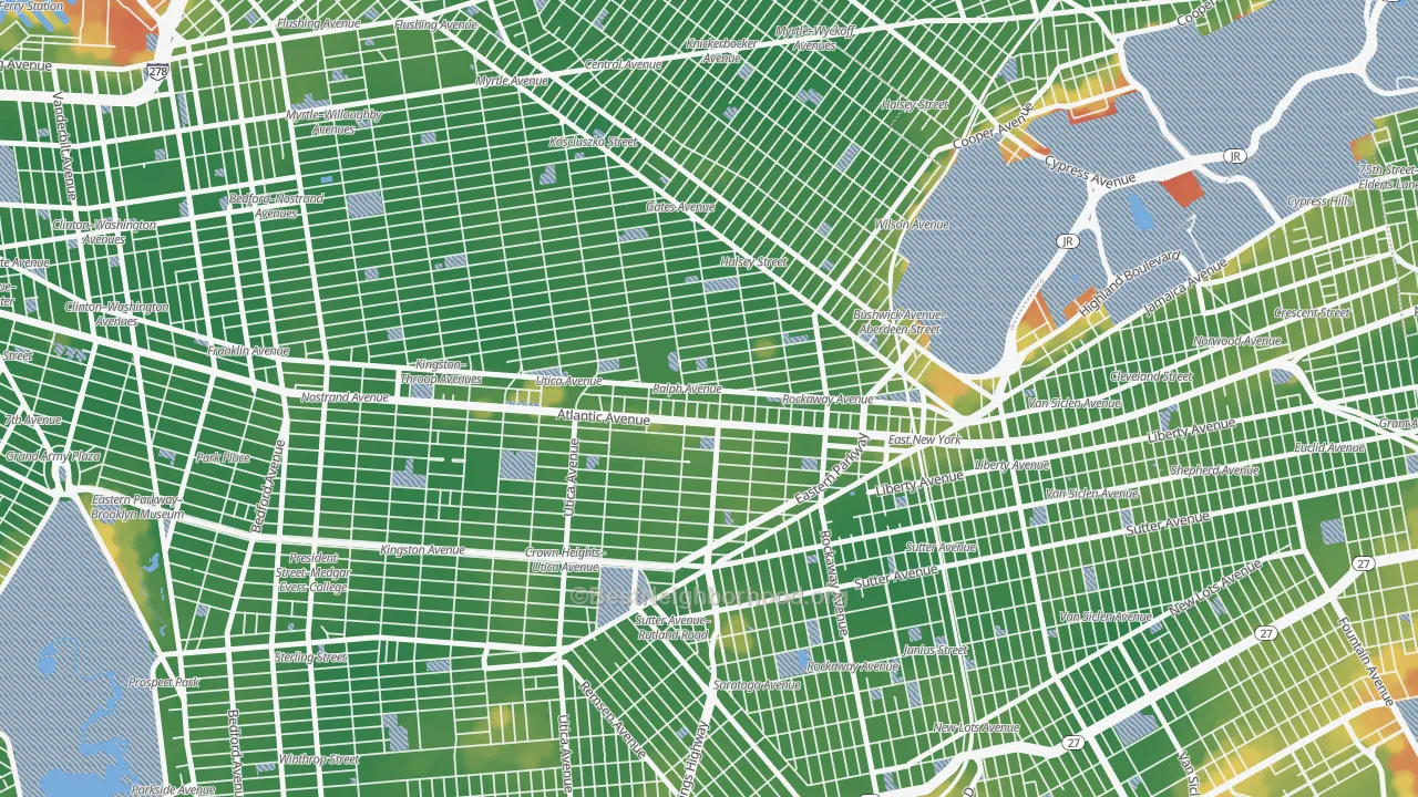 Walk Grade map of 11233, NY, walkable areas in green and car-dependent areas in red