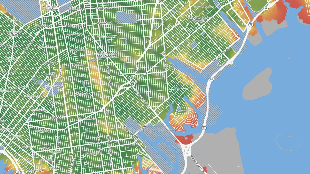 Walk Grade map of 11234, NY, walkable areas in green and car-dependent areas in red