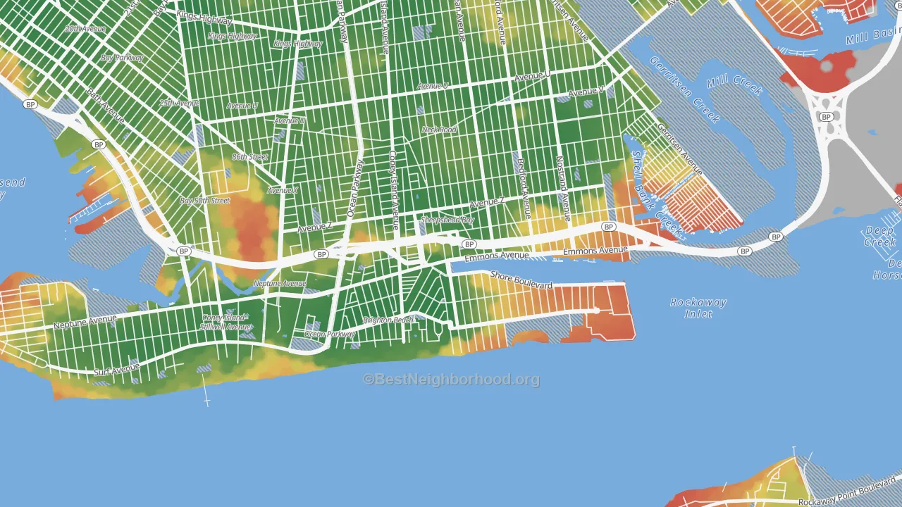 Walk Grade map of 11235, NY, walkable areas in green and car-dependent areas in red