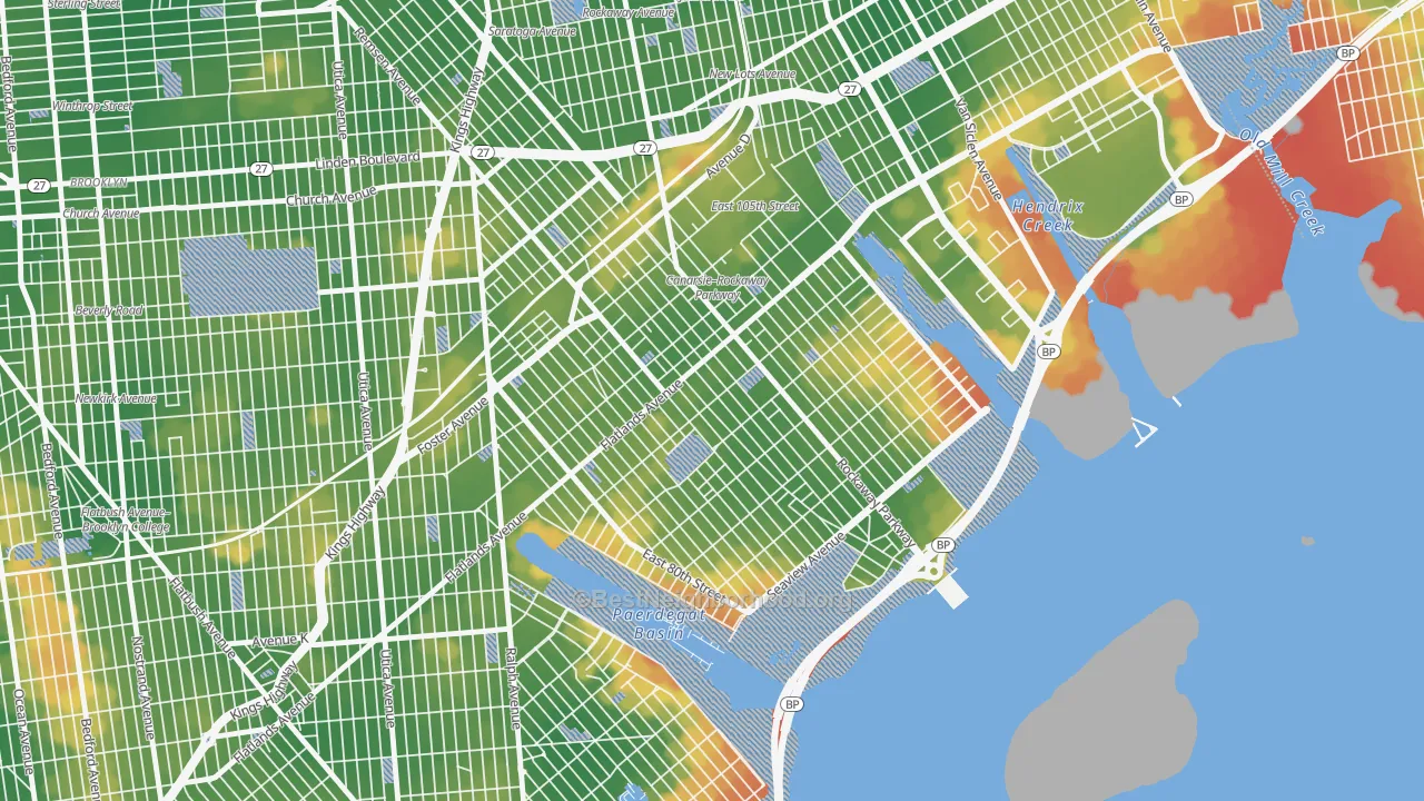 Walk Grade map of 11236, NY, walkable areas in green and car-dependent areas in red