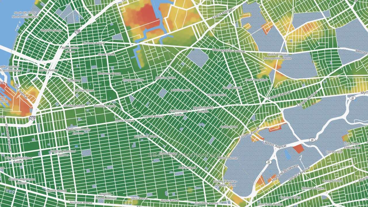 Walk Grade map of 11237, NY, walkable areas in green and car-dependent areas in red
