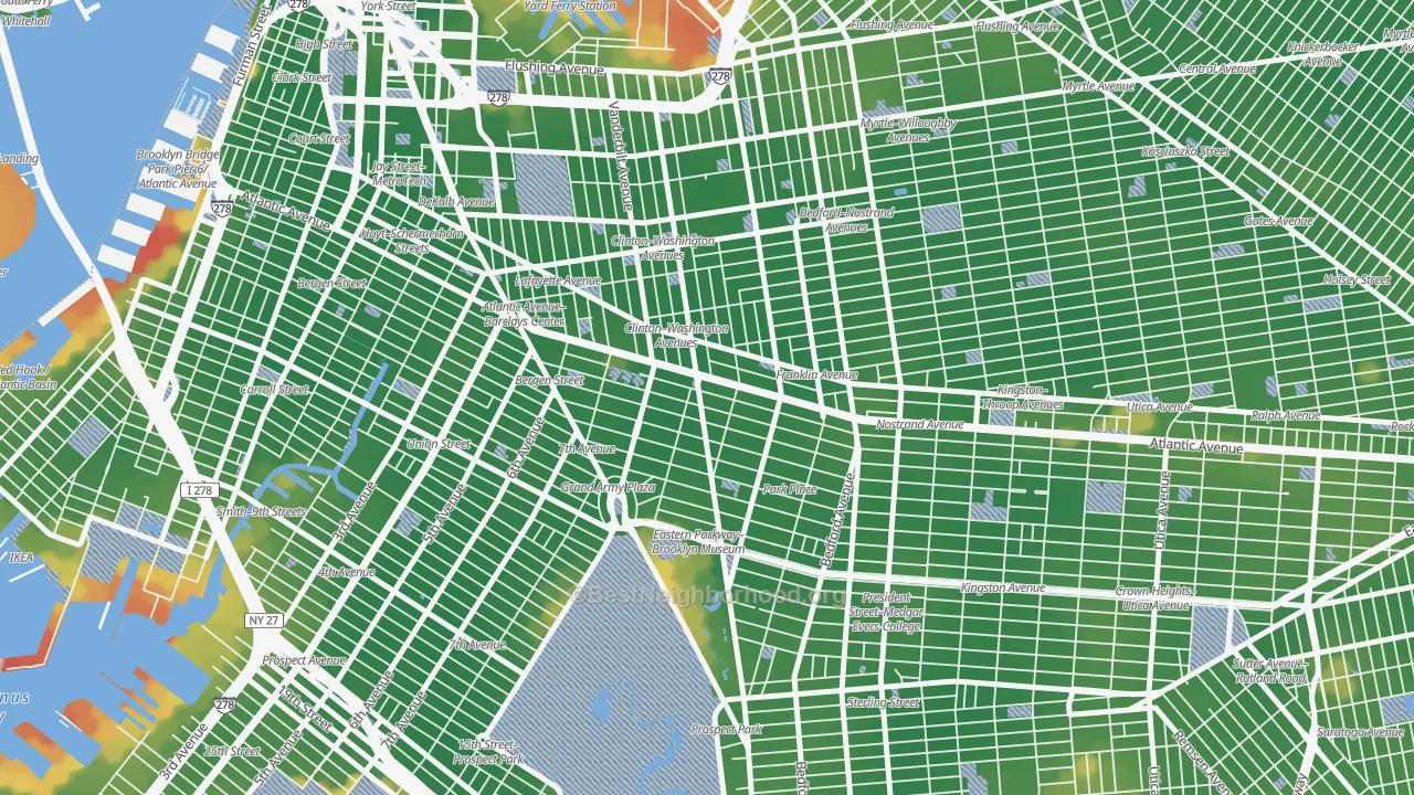 Walk Grade map of 11238, NY, walkable areas in green and car-dependent areas in red