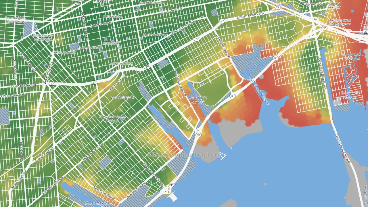 Walk Grade map of 11239, NY, walkable areas in green and car-dependent areas in red