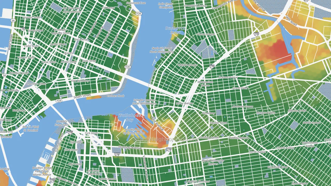 Walk Grade map of 11249, NY, walkable areas in green and car-dependent areas in red
