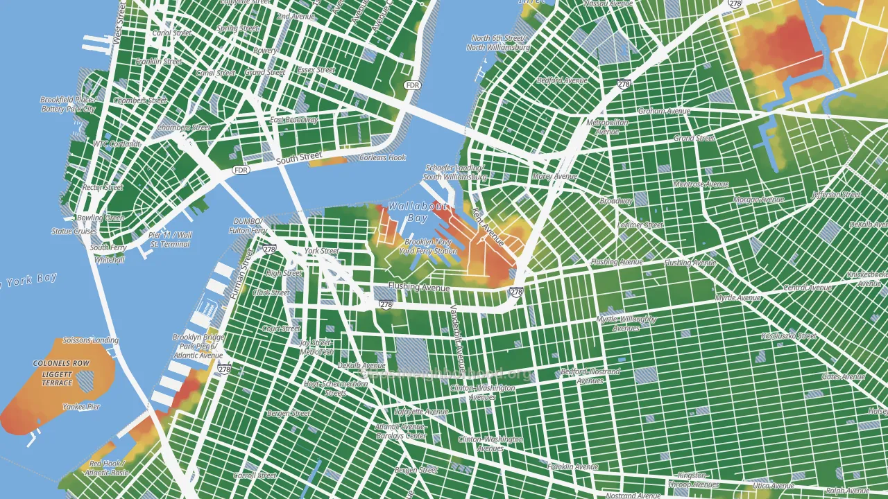 Walk Grade map of 11251, NY, walkable areas in green and car-dependent areas in red