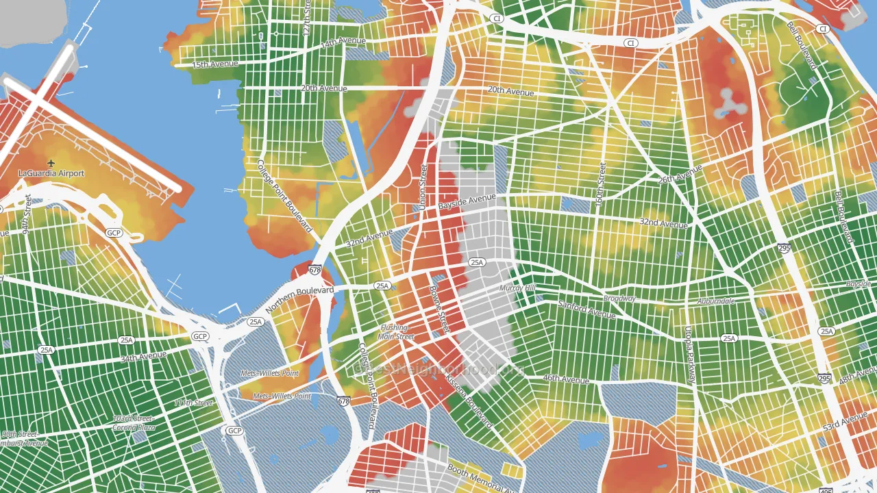 Walk Grade map of 11354, NY, walkable areas in green and car-dependent areas in red