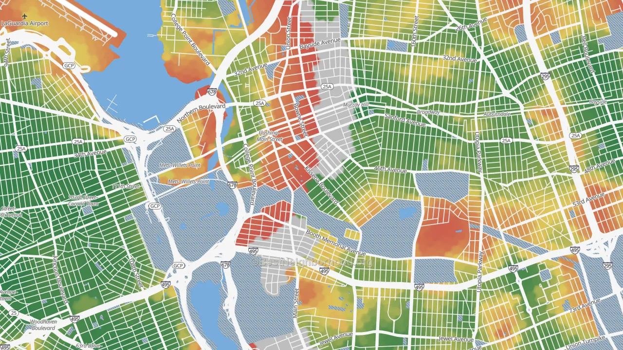 Walk Grade map of 11355, NY, walkable areas in green and car-dependent areas in red