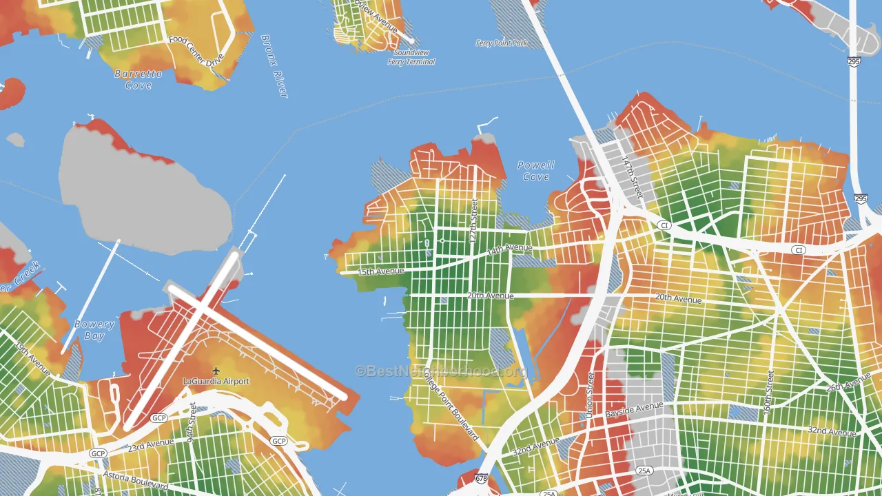 Walk Grade map of 11356, NY, walkable areas in green and car-dependent areas in red