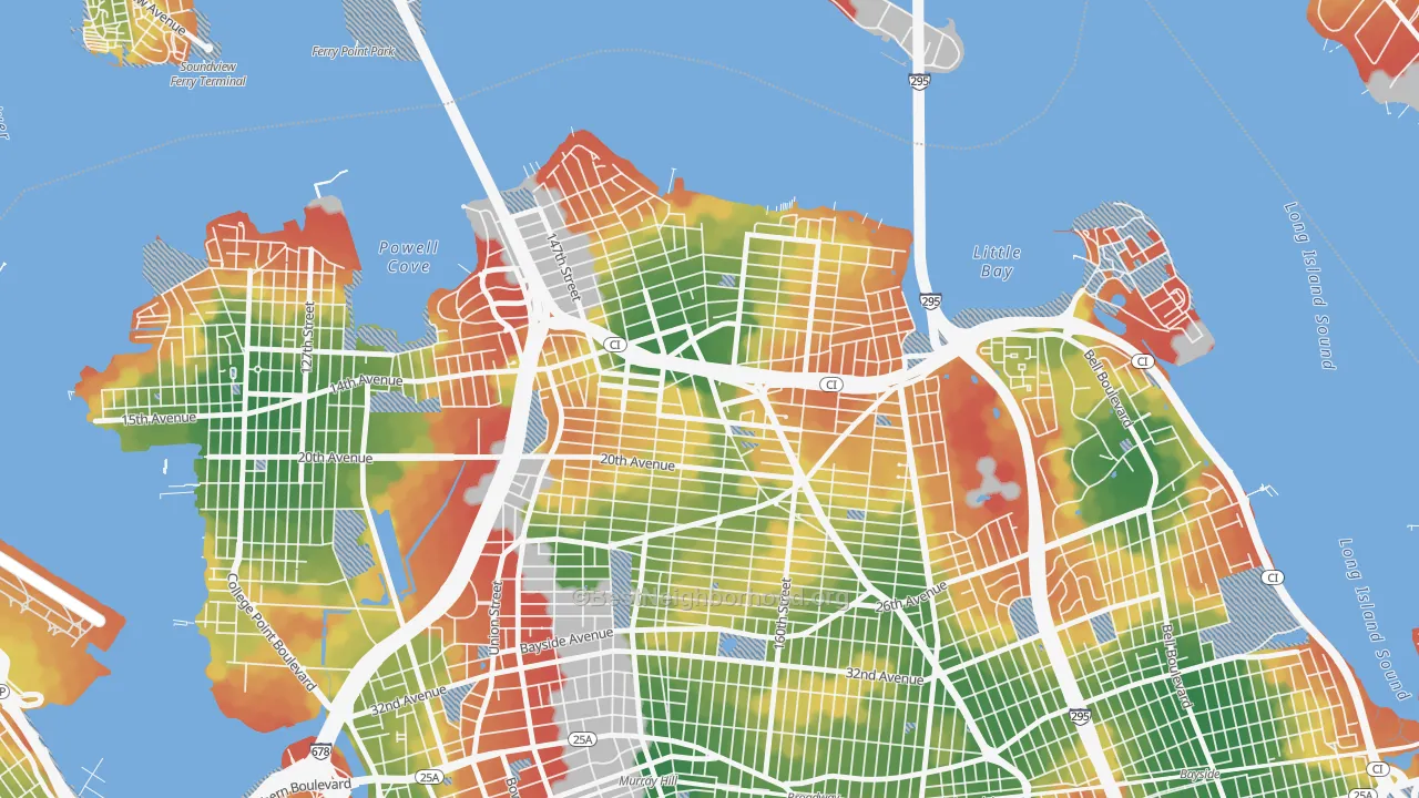 Walk Grade map of 11357, NY, walkable areas in green and car-dependent areas in red