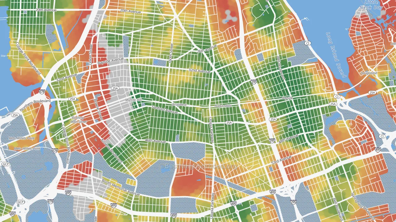 Walk Grade map of 11358, NY, walkable areas in green and car-dependent areas in red