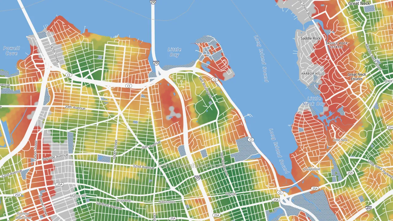 Walk Grade map of 11360, NY, walkable areas in green and car-dependent areas in red