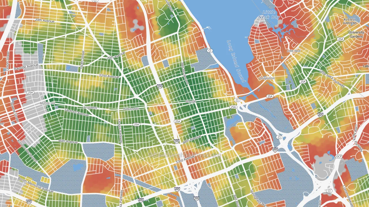 Walk Grade map of 11361, NY, walkable areas in green and car-dependent areas in red