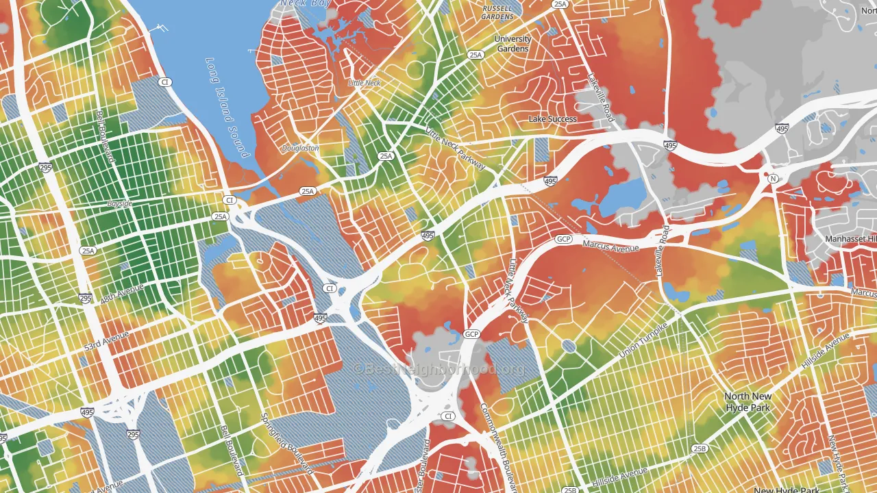 Walk Grade map of 11362, NY, walkable areas in green and car-dependent areas in red