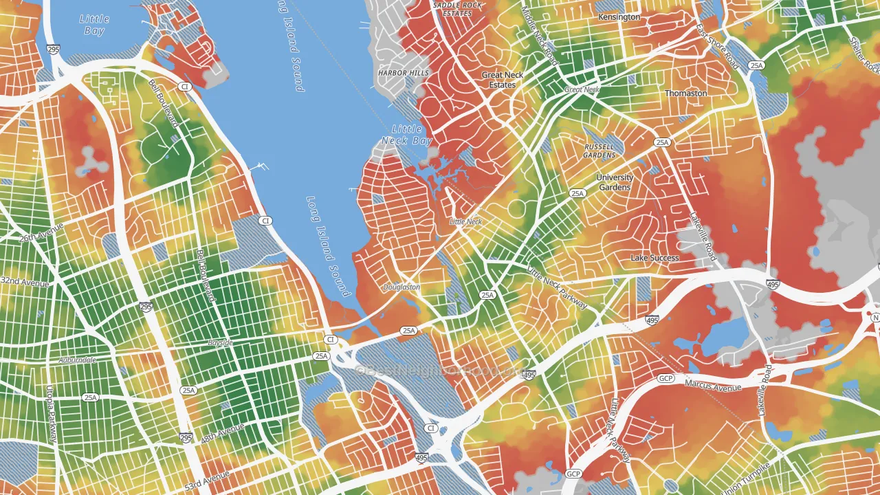 Walk Grade map of 11363, NY, walkable areas in green and car-dependent areas in red