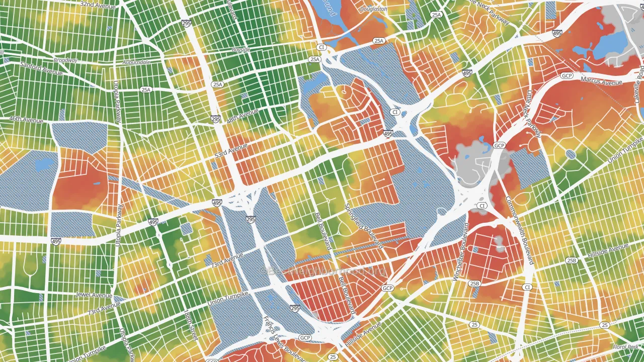 Walk Grade map of 11364, NY, walkable areas in green and car-dependent areas in red