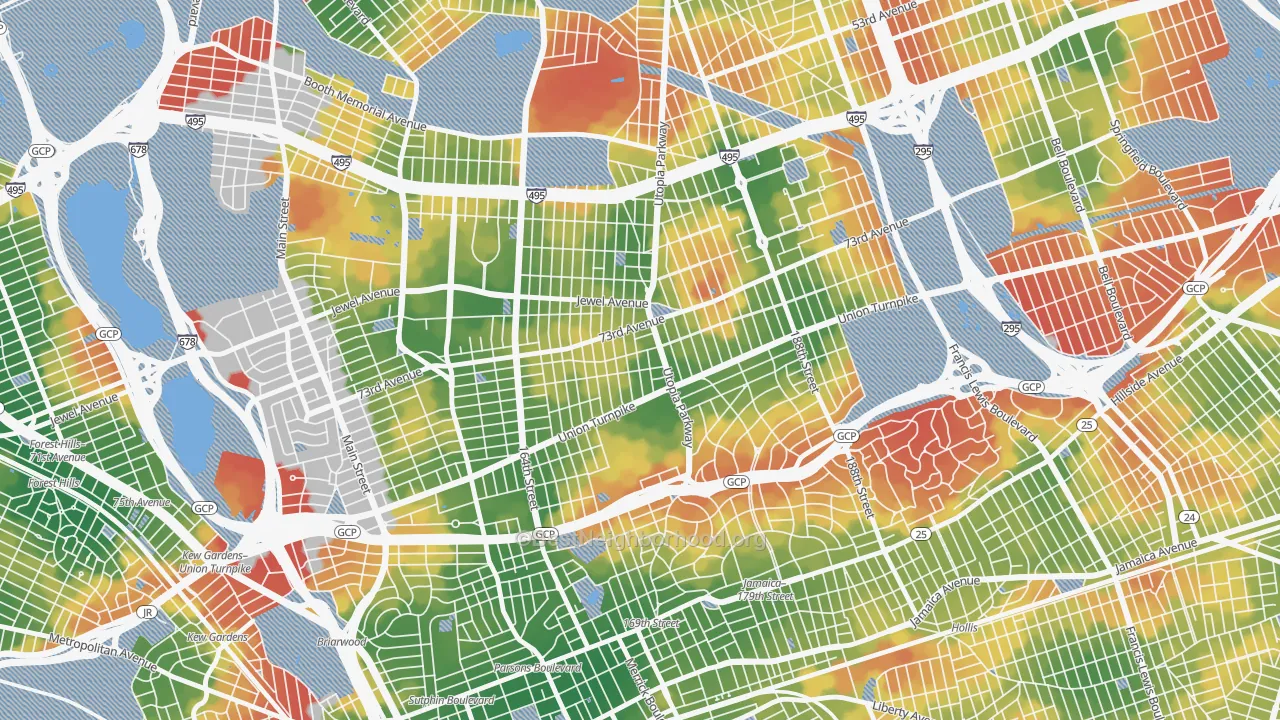 Walk Grade map of 11366, NY, walkable areas in green and car-dependent areas in red