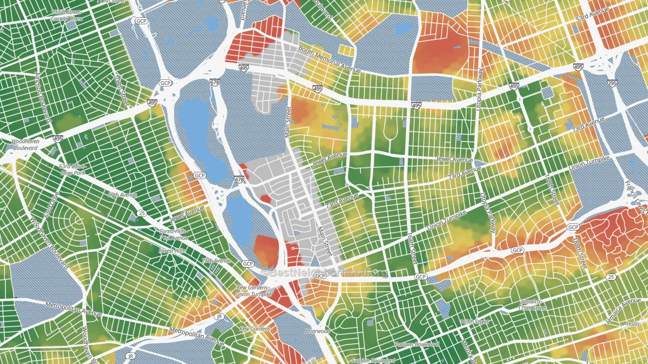 Walk Grade map of 11367, NY, walkable areas in green and car-dependent areas in red