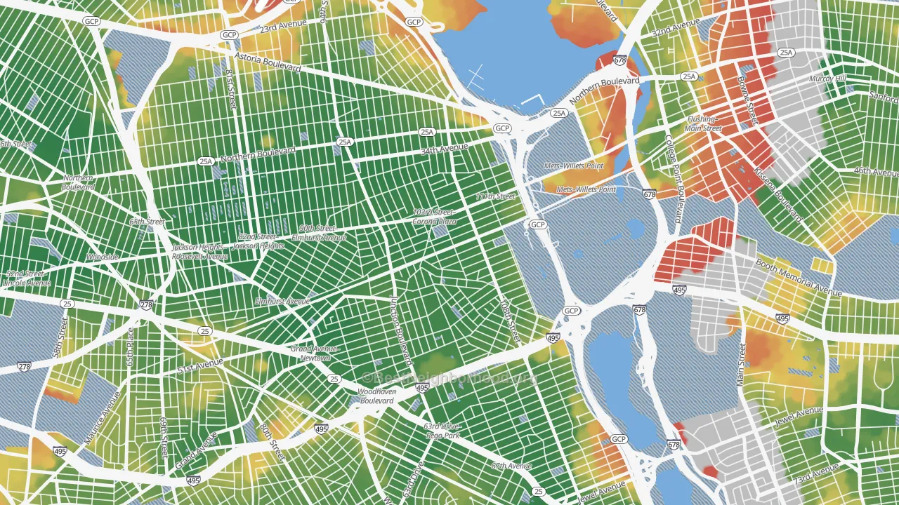 Walk Grade map of 11368, NY, walkable areas in green and car-dependent areas in red