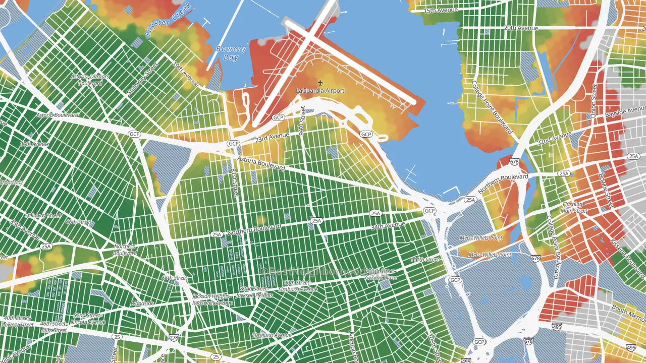 Walk Grade map of 11369, NY, walkable areas in green and car-dependent areas in red