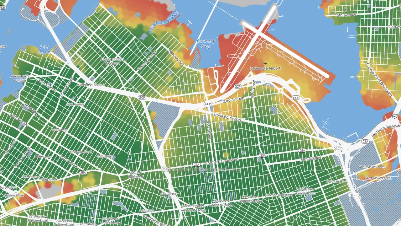 Walk Grade map of 11370, NY, walkable areas in green and car-dependent areas in red