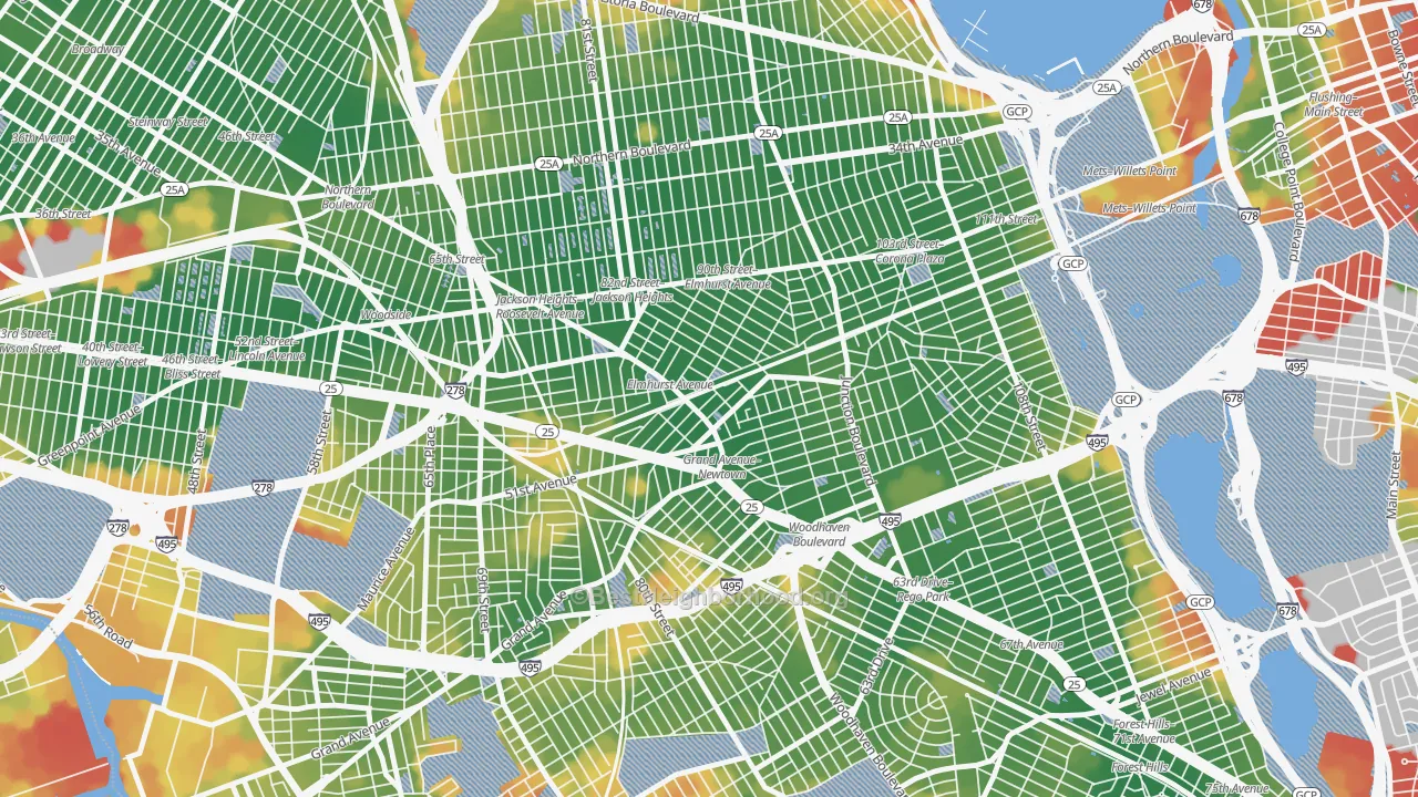 Walk Grade map of 11373, NY, walkable areas in green and car-dependent areas in red