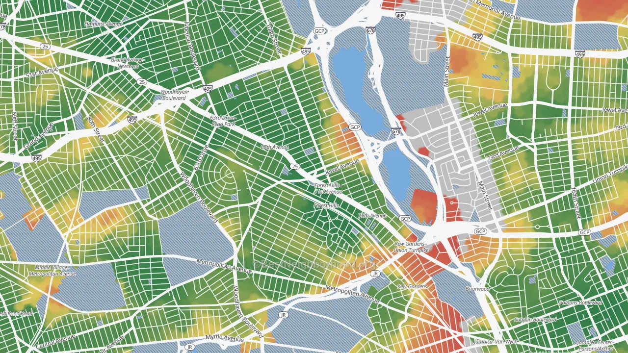 Walk Grade map of 11375, NY, walkable areas in green and car-dependent areas in red