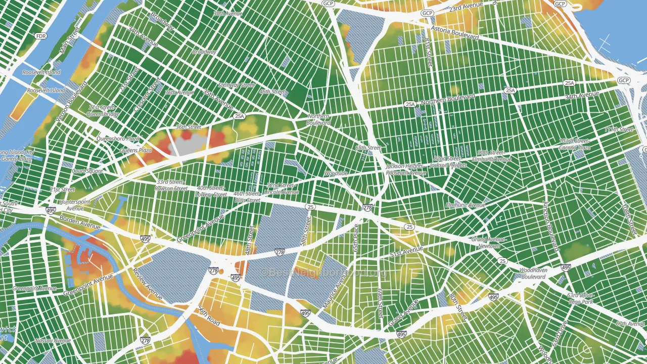 Walk Grade map of 11377, NY, walkable areas in green and car-dependent areas in red