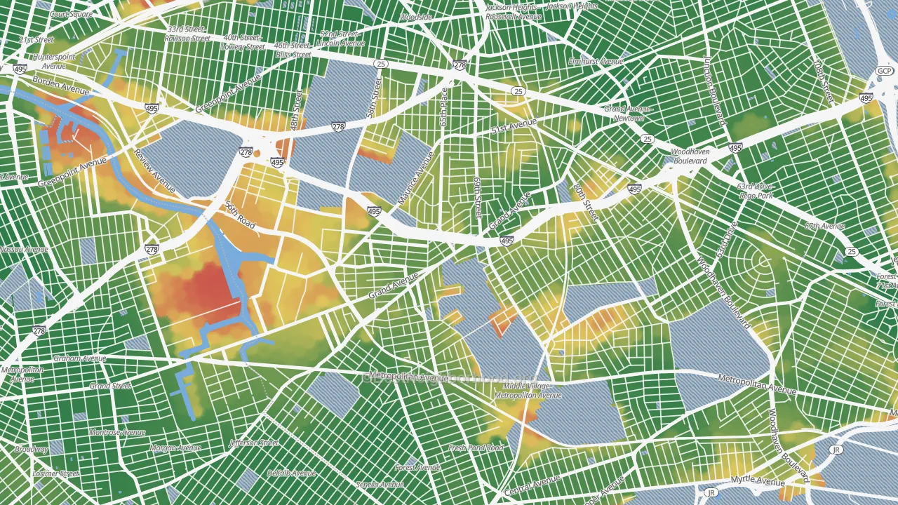 Walk Grade map of 11378, NY, walkable areas in green and car-dependent areas in red