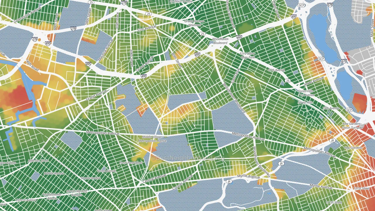 Walk Grade map of 11379, NY, walkable areas in green and car-dependent areas in red