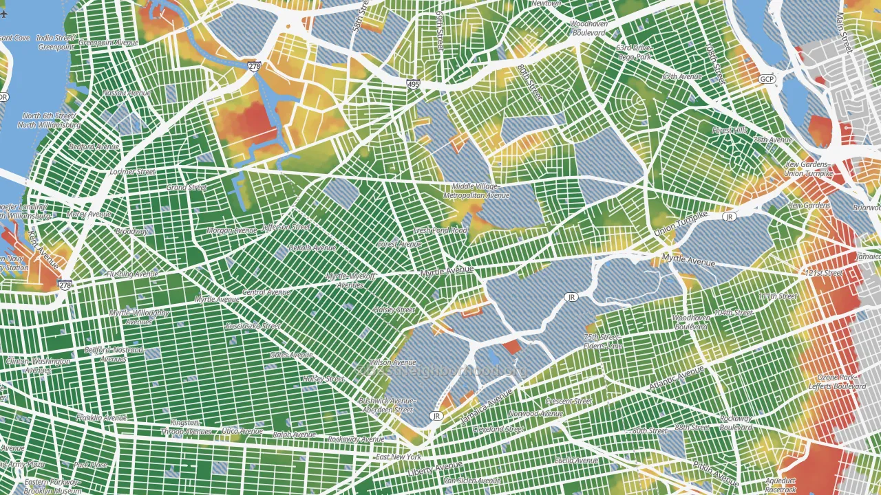 Walk Grade map of 11385, NY, walkable areas in green and car-dependent areas in red