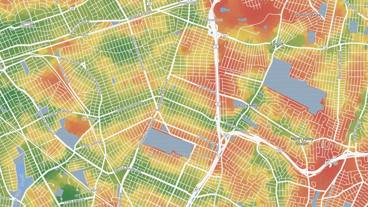 Walk Grade map of 11411, NY, walkable areas in green and car-dependent areas in red