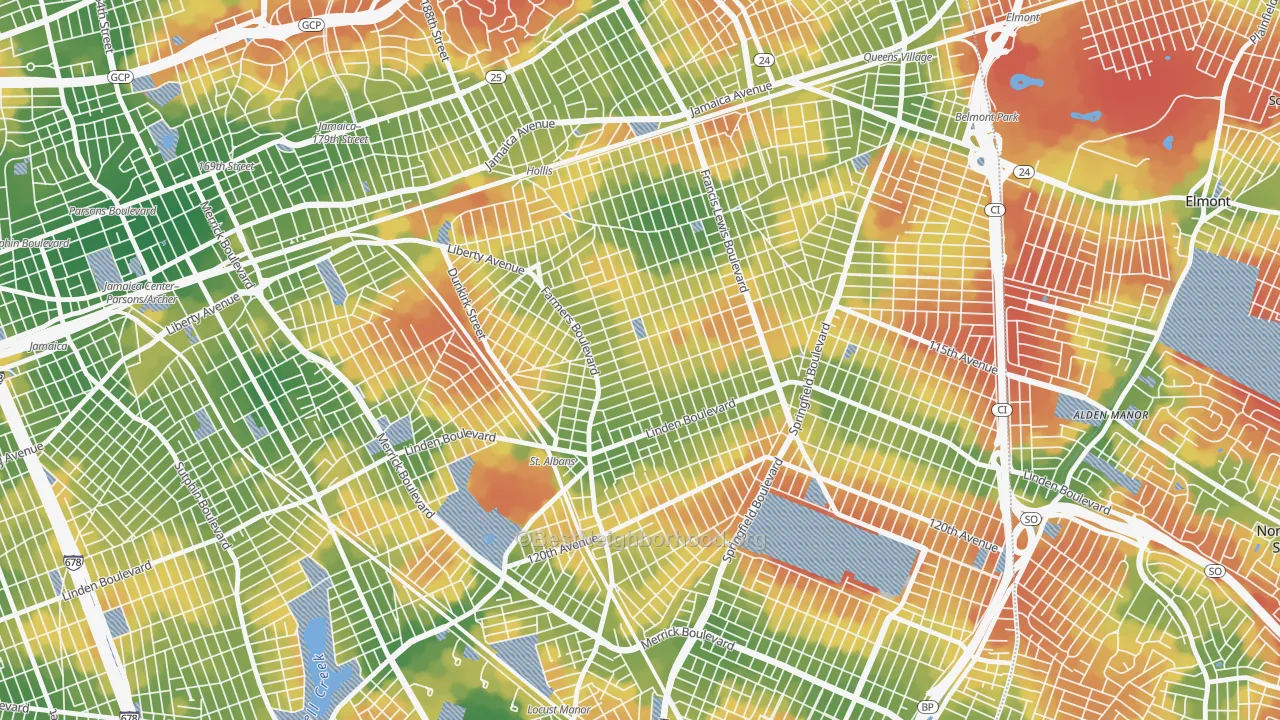 Walk Grade map of 11412, NY, walkable areas in green and car-dependent areas in red