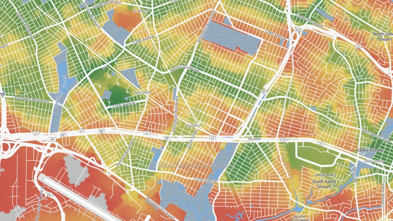 Walk Grade map of 11413, NY, walkable areas in green and car-dependent areas in red