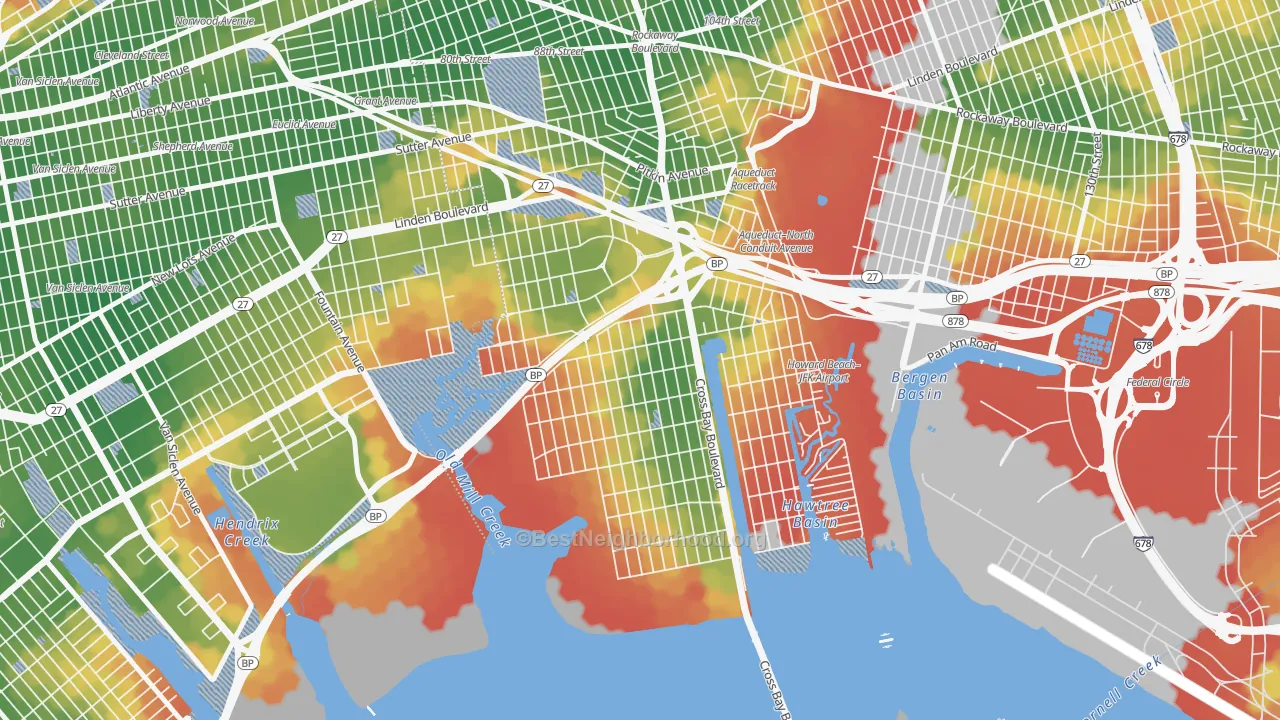 Walk Grade map of 11414, NY, walkable areas in green and car-dependent areas in red