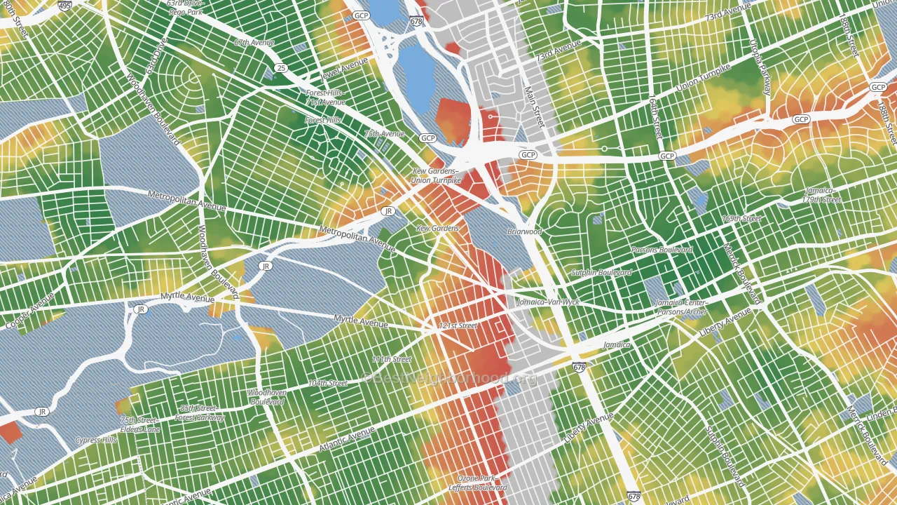 Walk Grade map of 11415, NY, walkable areas in green and car-dependent areas in red