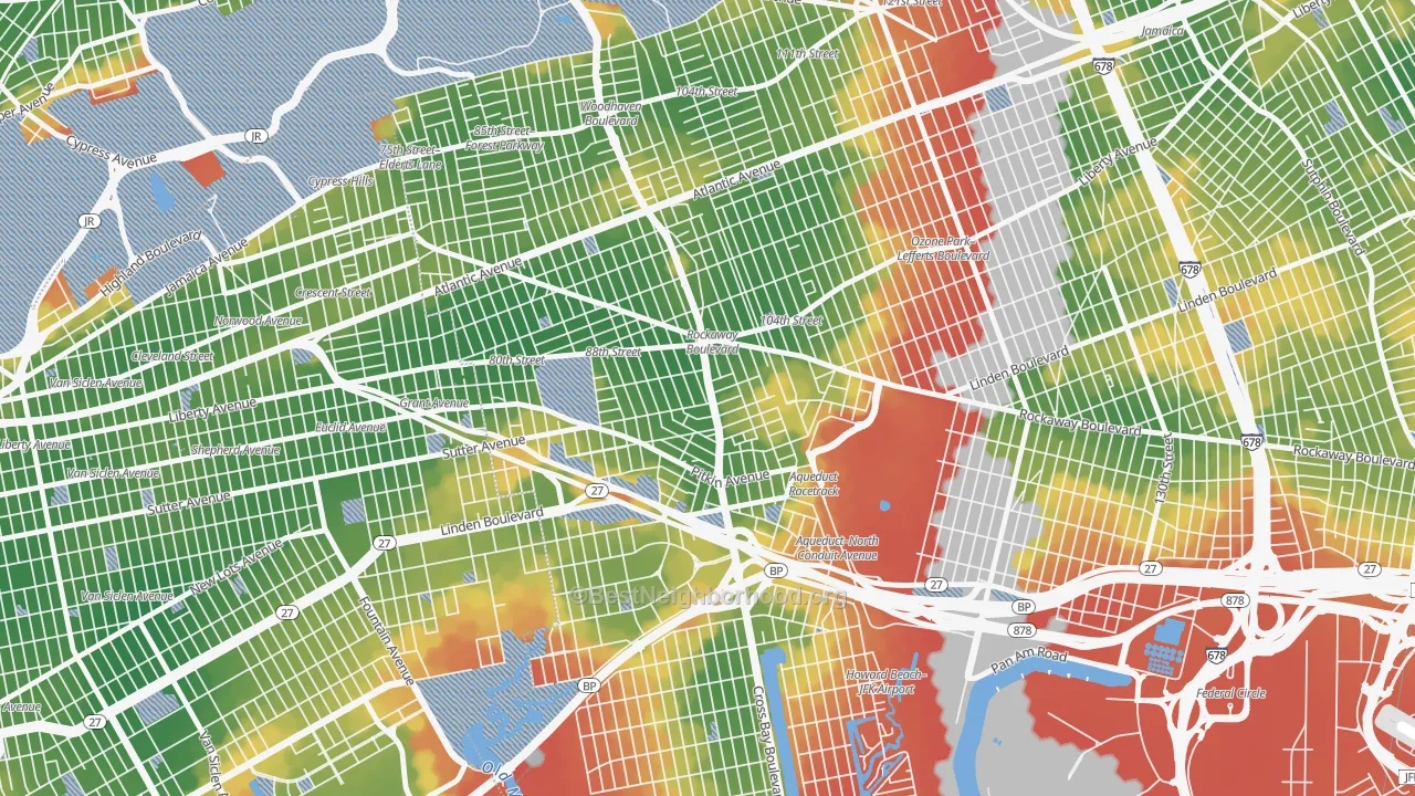 Walk Grade map of 11417, NY, walkable areas in green and car-dependent areas in red