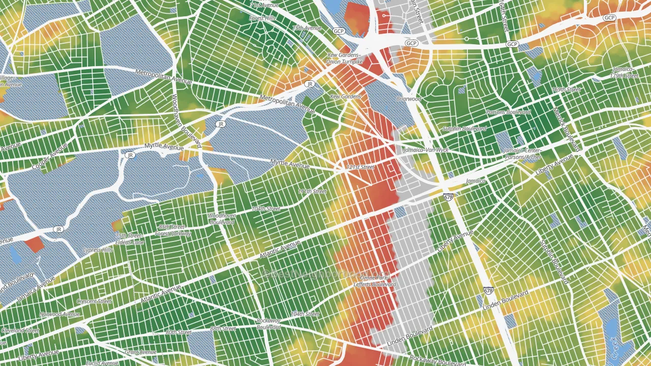 Walk Grade map of 11418, NY, walkable areas in green and car-dependent areas in red