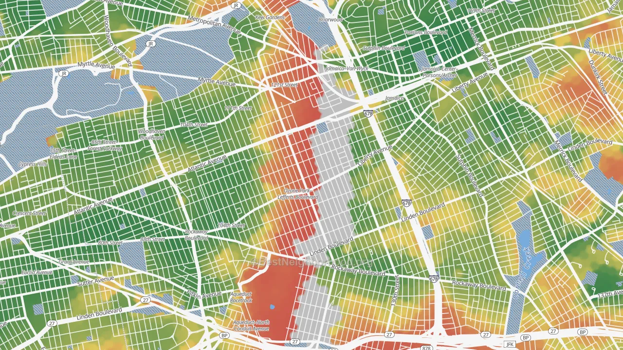 Walk Grade map of 11419, NY, walkable areas in green and car-dependent areas in red
