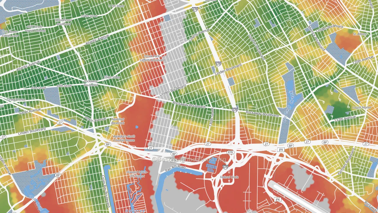 Walk Grade map of 11420, NY, walkable areas in green and car-dependent areas in red