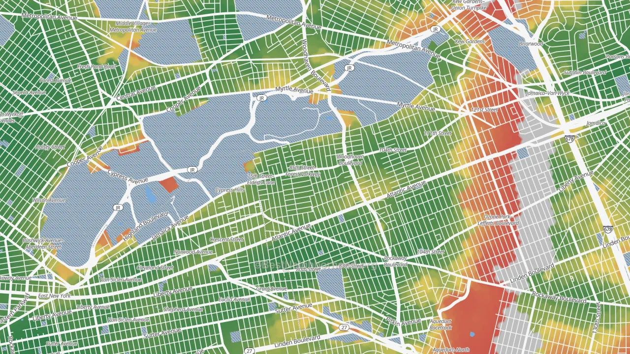 Walk Grade map of 11421, NY, walkable areas in green and car-dependent areas in red