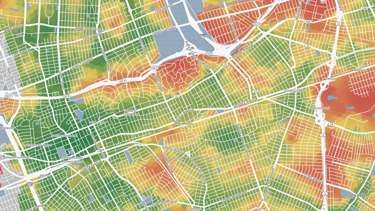 Walk Grade map of 11423, NY, walkable areas in green and car-dependent areas in red