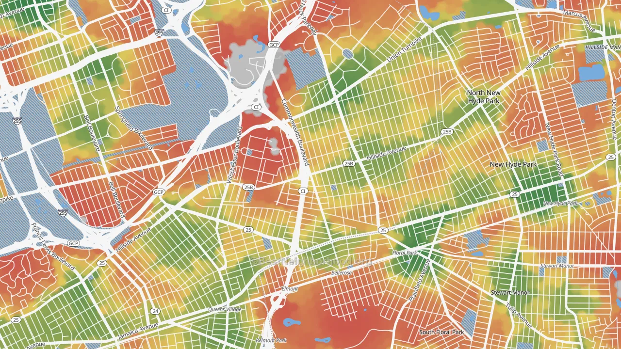 Walk Grade map of 11426, NY, walkable areas in green and car-dependent areas in red