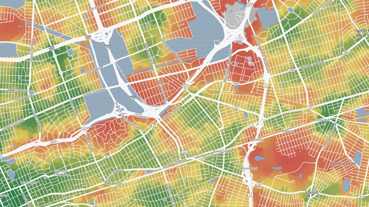 Walk Grade map of 11427, NY, walkable areas in green and car-dependent areas in red